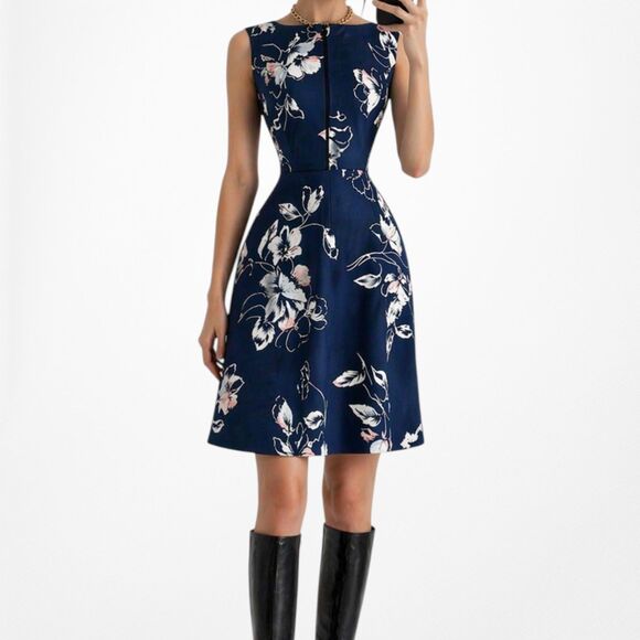 American Vintage Dresses & Skirts - Vintage Y2K Blue Sleeveless Floral Knee Length Flared A-Line Knit Dress Size M